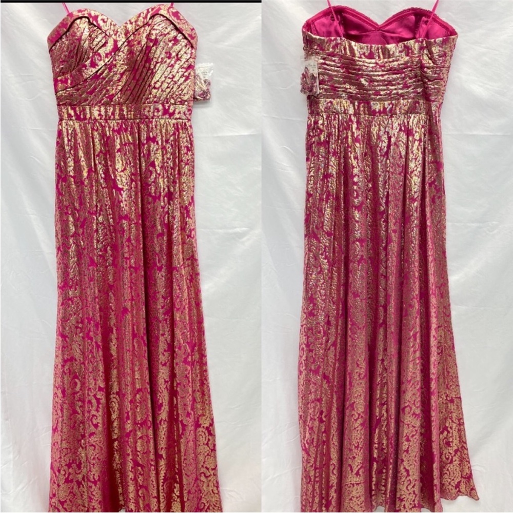 Aidan Mattox silk gold foil metallic strapless long dress